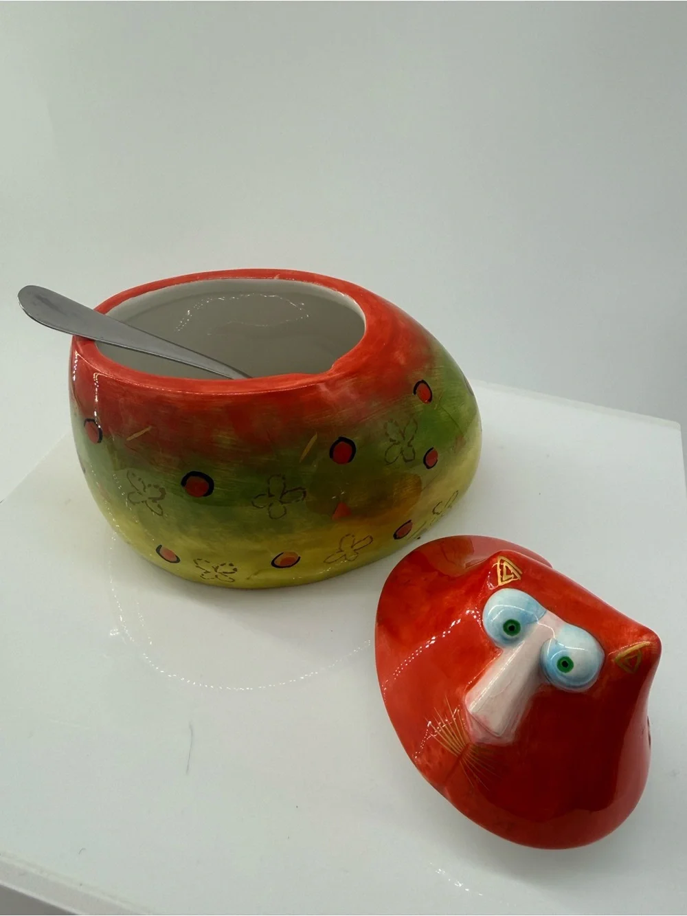 Colorful Red & Green Ceramic Bird Treat Jar